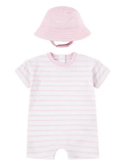 Nike Babies' Embroidered-logo Striped Romper Set In Pink