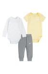 Nike Babies'  Essentials 2-pack Bodysuits & Joggers Set In Dark Grey Heather/soft Yellow