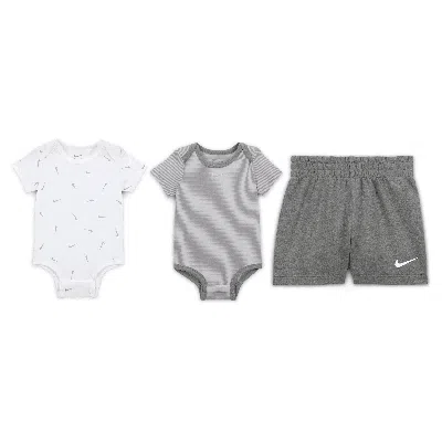 Nike Essentials Baby (0-9m) 3-piece Striped Swooshfetti Set In Grey