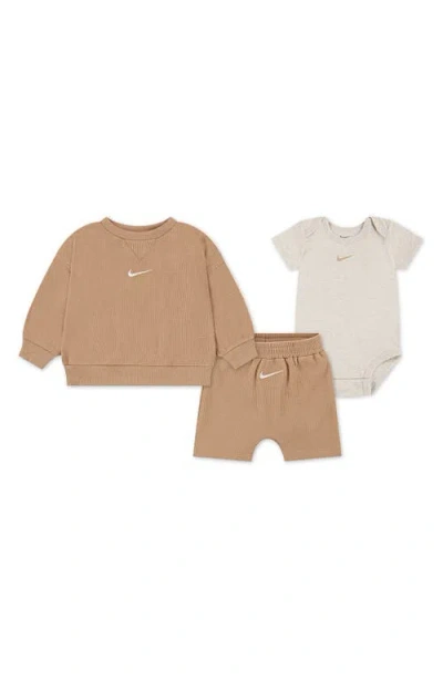Nike Babies'  Essentials Sweatshirt, Shorts & Bodysuit Set In Brown
