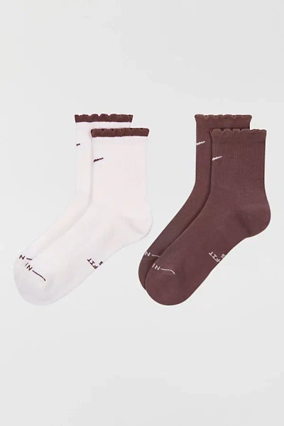 Nike Everyday Elevated Ruffle Edge Crew Socks 2-pack In Off-white, Women's At Urban Outfitters In Brown
