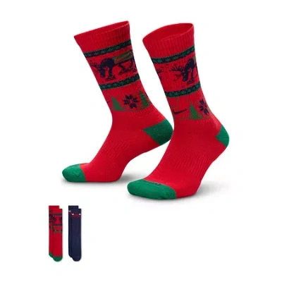 Nike Everyday Plus Cushioned Holiday Unisex Adult 2 Pair Crew Socks In Red