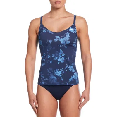 Nike Fine Tankini Top Womens Midnight Navy Floral V-neck Swimwear Dsgl1178 In Blue