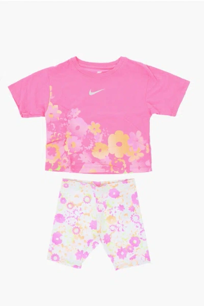 Nike Floral Motif Shorts And Crew-neck T-shirt Set