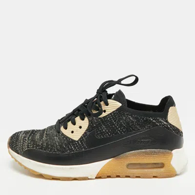 Pre-owned Nike Flyknit Max 90 Ultra 2.0 Size 38 Black/gold Leather And Lurex Fabric Lace Up Sneakers
