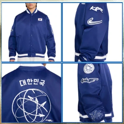 Pre-owned Nike Fn9459-455 Korea Dugout Men's Breakin' Satin Jacket Royal Blue Us Xs-3xl