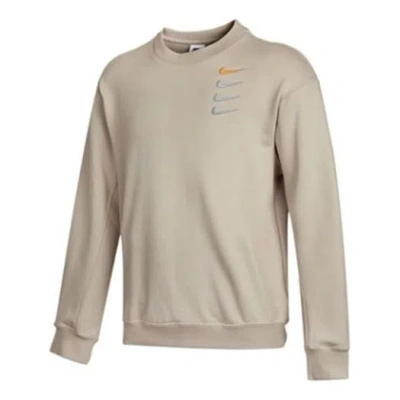 Nike French Terry Swoosh Embroidered Round Neck Sports Pullover Couple Style Light Grey In Brown