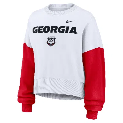 Nike Women's White Georgia Bulldogs Color-block Oversized Cropped Pullover Sweatshirt