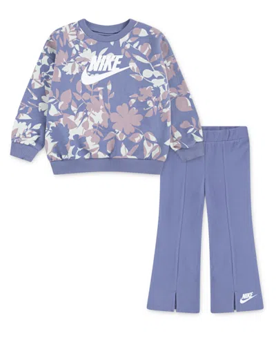 Nike Babies' Girls 2t-4t 2-piece Floral Camo Crewneck Sweatshirt And Leggings Set In Blue