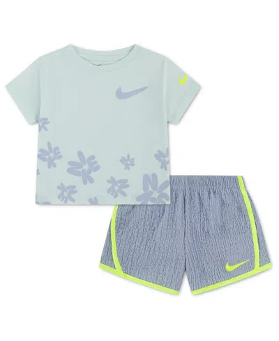 Nike Babies' Girls' 2t-4t Short-sleeve T-shirt And Shorts, 2-piece Set In Gray