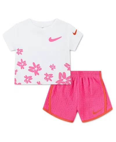 Nike Babies' Girls' 2t-4t Short-sleeve T-shirt And Shorts, 2-piece Set In Pink