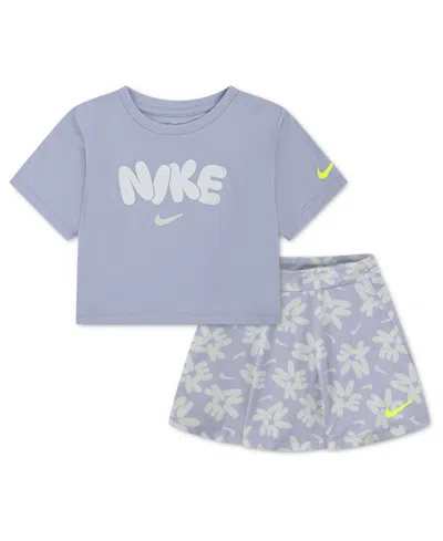 Nike Babies' Girls' 2t-4t Short-sleeve T-shirt And Skort, 2-piece Set In Gray