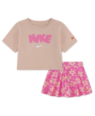 Nike Babies' Girls' 2t-4t Short-sleeve T-shirt And Skort, 2-piece Set In Pink