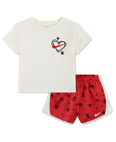 Nike Kids' Girls' 4-6x Cherry T-shirt And Dri-fit Tempo Printed Shorts, 2-piece Set In Multi
