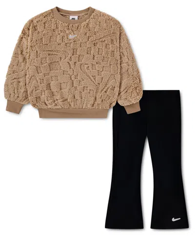 Nike Kids' Girls' 4-6x Cozy Ribbed Crewneck Top & Flare Leg Pants, 2-piece Set In Multi