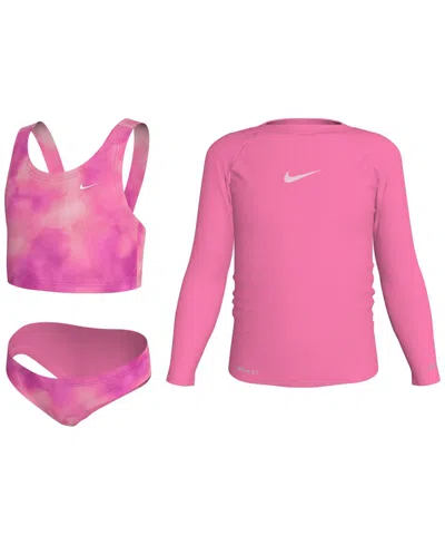 Nike Kids' Girls 4-6x Long-sleeve Hydroguard, Top And Bottom Swimsuit, 3-piece Set In Pink