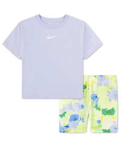 Nike Kids' Girls' 4-6x Move With Nature Crewneck T-shirt And Bike Shorts, 2-piece Set In Purple