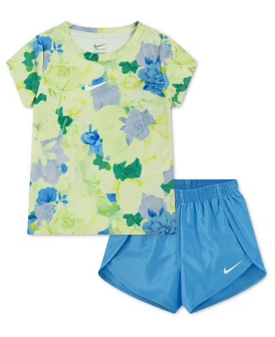 Nike Kids' Girls' 4-6x Move With Nature Crewneck T-shirt And Shorts, 2-piece Set In Blue