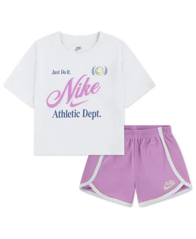 Nike Girls' 4-6x Tennis Lifestyle Crewneck T-shirt And Shorts, 2-piece Set In Purple