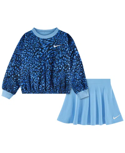 Nike Kids' Girls' 4-6x Allover Printed Top And Skirt, 2-piece Set In Blue