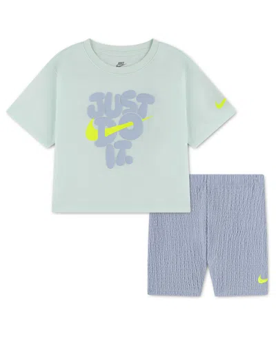 Nike Kids' Girls' 4-6x Bold Play T-shirt And Bike Shorts, 2-piece Set In Blue