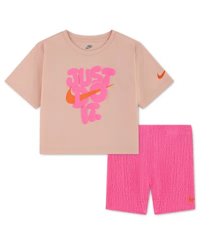 Nike Kids' Girls' 4-6x Bold Play T-shirt And Bike Shorts, 2-piece Set In Pink