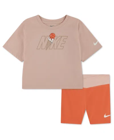 Nike Kids' Girls' 4-6x Crewneck T-shirt And Crossover Bike Shorts, 2-piece Set In Multi