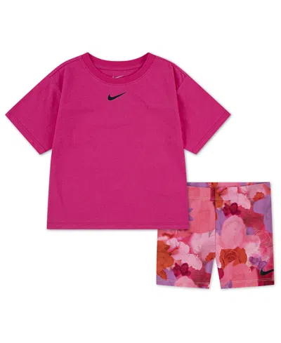 Nike Kids' Girls' 4-6x Move With Nature Crewneck T-shirt And Bike Shorts, 2-piece Set In Pink
