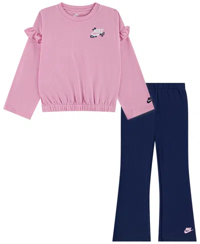 Nike Girls' 4-6x Ruffle Top And Flared Leggings, 2-piece Set In Pink,navy