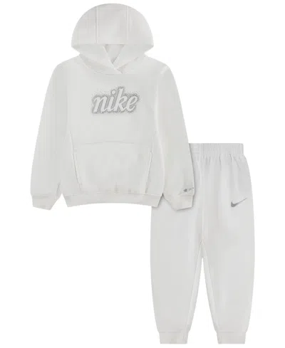 Nike Kids' Girls' 4-6x Swoosh Sparkle Long-sleeve Hooded Hoodie And Joggers, 2-piece Set In Gray