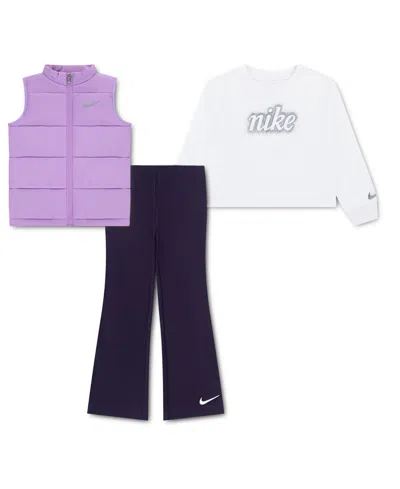 Nike Kids' Girls' 4-6x Swoosh Sparkle Vest, T-shirt, And Leggings, 3-piece Set In Multi