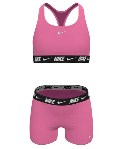 Nike Kids' Girls' 7-16 Racerback Swim Bikini Top And Shorts, 2-piece Set In Pink