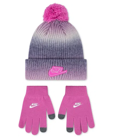 Nike Kids' Girls' 7-16 Gradient Peak Pom Beanie And Gloves, 2-piece Set In Pink