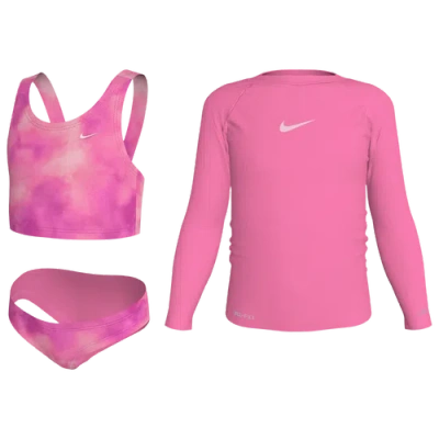 Nike Kids' Girls 4-6x Long-sleeve Hydroguard, Top And Bottom Swimsuit, 3-piece Set In Pink