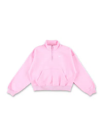 Nike Girls Oversized Cropped Quarter-zip Fleece Sweatshirt With Kangaroo Pocket In Rosa