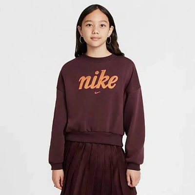 Nike Kids'  Girls' Sportswear Club Fleece Boxy Crewneck Sweatshirt In Burgundy Crush/hot Punch