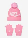 Nike Girls Swoosh Pom Beanie And Gloves Set In Pink
