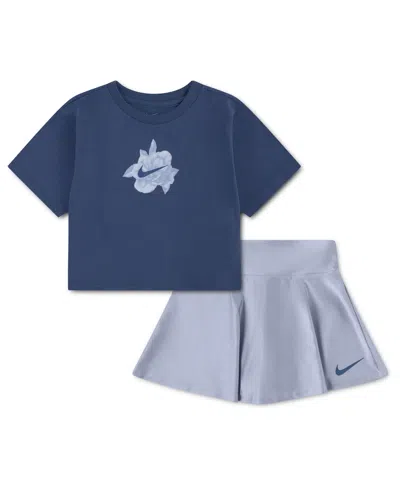 Nike Babies' Girls' Toddler 2t-4t Move With Nature Shine Crewneck T-shirt And Scooter Shorts, 2-piece Set In Blue