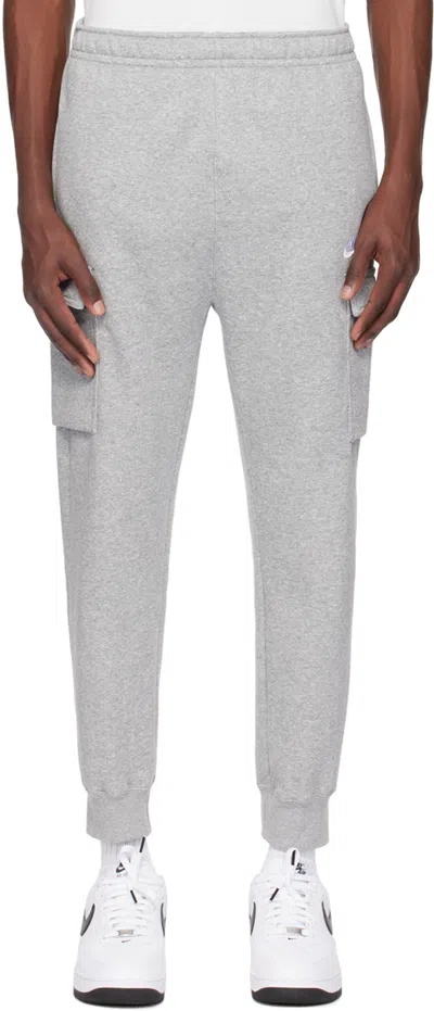 Nike Grey Fleece Sportswear Club Cargo Lounge Pants In Dark Grey Heather/dark Steel Grey/white