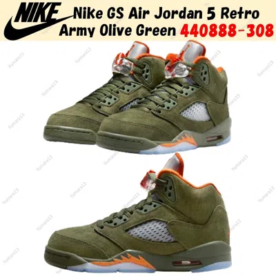 Pre-owned Nike Gs Air Jordan 5 Retro Army Olive Green 440888-308 Size 3.5y-7y