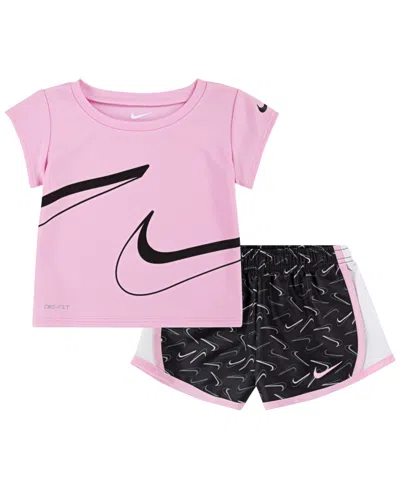 Nike Babies' Infant Girls Dri-fit Swoosh Tee And Tempo Shorts Set In Black