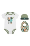Nike Just Do It Bodysuit, Bib & Beanie Set In Sail