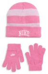 Nike Kids' Chunky Stripe Peak Beanie & Gloves Set In Pink