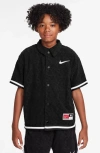 Nike Kids' Culture Of Basketball Oversize Textured Short Sleeve Snap-up Shirt In Black/white