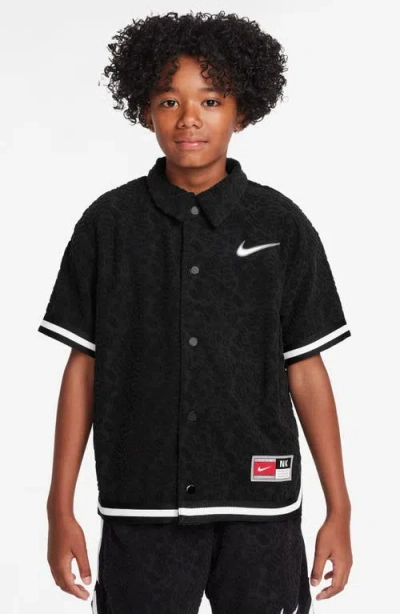 Nike Kids' Culture Of Basketball Oversize Textured Short Sleeve Snap-up Shirt In Black/white