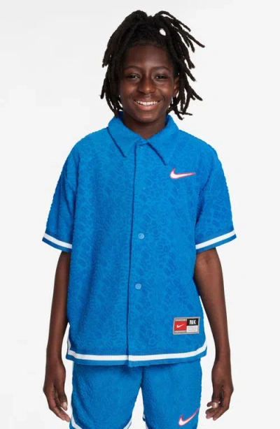 Nike Kids' Culture Of Basketball Oversize Textured Short Sleeve Snap-up Shirt In Photo Blue/white