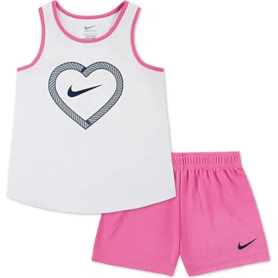 Nike Kids' Dri-fit Happy Camper Tank & Mesh Shorts Set In White With Playful Pink