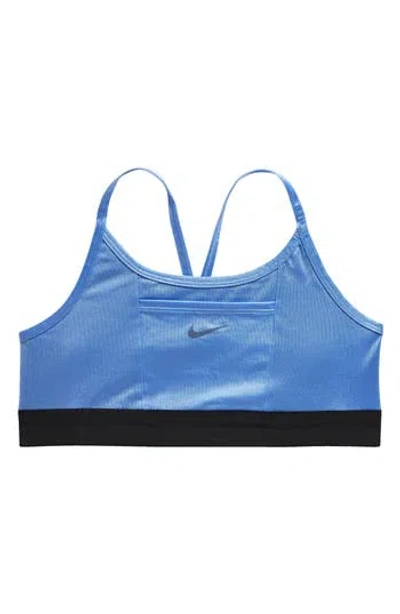 Nike Kids' Dri-fit Indy Metallic Sports Bra In Polar/black/diffused Blue