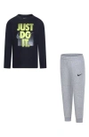 Nike Kids' Just Do It Long Sleeve Tee & Joggers Set In Dark Grey Heather/black