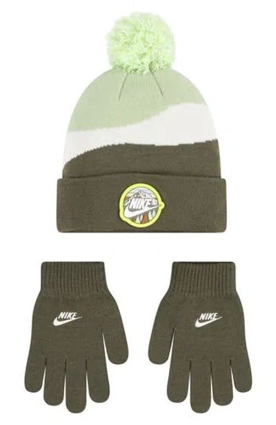 Nike Kids' Snowy Day Pom Beanie & Gloves Set In Green